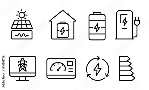 Renewable energy line icons set – outline style sustainable power, eco-friendly technology symbols for green energy projects: solar panel, battery, charging station, smart home, gauge, renewable
