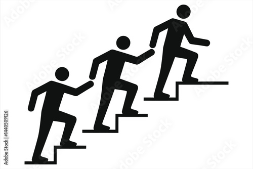 Silhouette illustration of three people climbing stairs, with one person assisting another./Teamwork and Collaboration in Reaching Goals..
