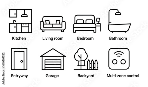 Home and living outline icons set – linear style interior, decor, and smart home symbols for interior design: kitchen, living room, bedroom, bathroom, entryway, garage, backyard, control