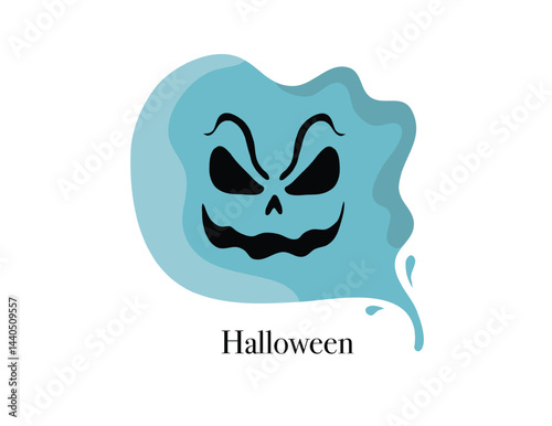 Spooky Blue Ghost Illustration with Evil Face and Halloween Text in Bold Design