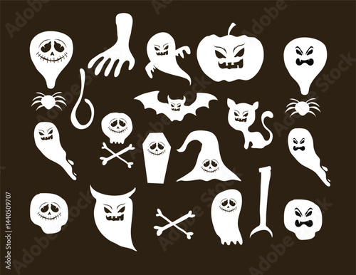 Creepy Halloween Pattern with Ghosts, Skeletons, and Spooky Creatures in Black Background