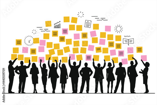 Vector Silhouettes of a diverse business team collaborating around a wall covered in yellow and pink sticky notes, illustrating a brainstorming session or project planning.