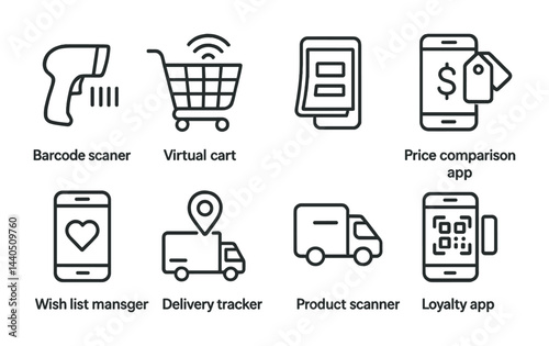 E-commerce and shopping icons set – outline style digital retail, online payment, and delivery symbols for seamless transactions: barcode scanner, virtual cart, app, tracker.