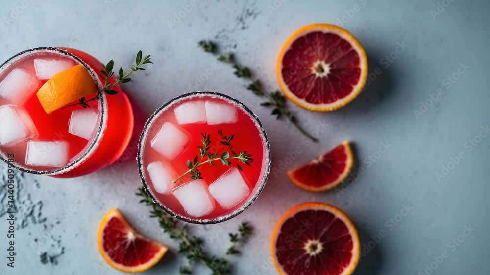 Red cocktail with a bitter base and red oranges against a light gray concrete background, leaving room for text. Cocktail styled. Eco-friendly natural aesthetic, summer vibe.