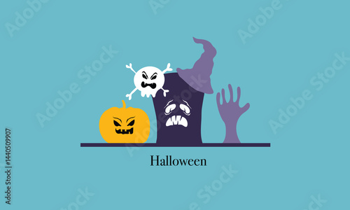 Cute Halloween Pumpkin House with Bats and Spooky Ghost Elements in Flat Style