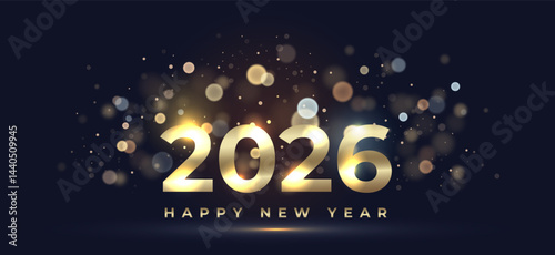 Happy New Year 2026. Golden gradient numbers with glowing bokeh lights on dark background. Elegant festive backdrop with sparkling light particles and soft shine for winter holiday celebration.