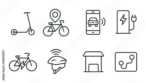 Urban mobility and transport linear icons set – outline style commute, eco-friendly, and modern transport symbols: scooter, bike, car app, charging station, smart helmet, garage, navigation
