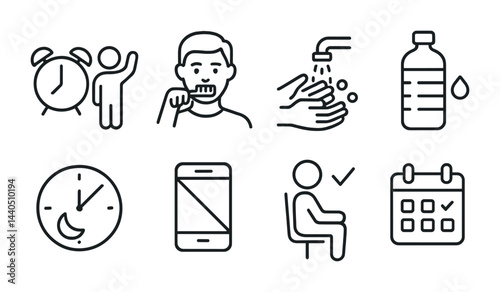 Daily routine outline icons set – linear hygiene, wellness, and schedule symbols for lifestyle planning: alarm clock, toothbrush, hand washing, water bottle, calendar, smartphone, seating, time