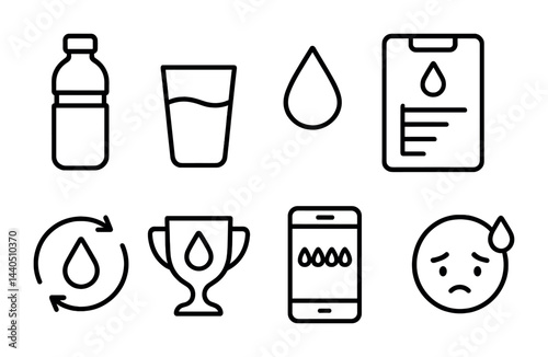 Hydration and health line icons set – outline style wellness, fitness, and water intake symbols: water bottle, glass, droplet, chart, hydration cycle, trophy, app, dehydration face