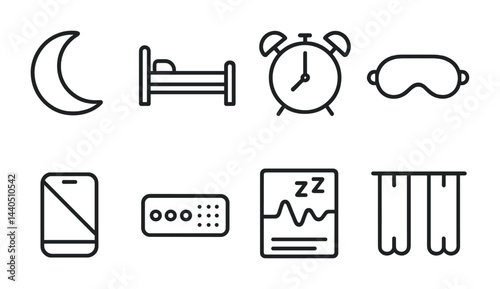 Sleep and relaxation outline icons set – linear style rest, dream, and calm symbols for better sleep: moon, bed, alarm clock, sleep mask, smartphone, remote, sleep chart, curtains.
