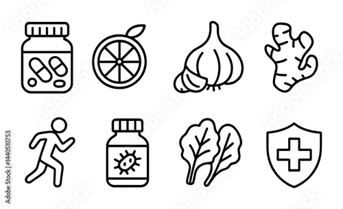 Health and wellness outline icons set – line style symbols for fitness, nutrition, and immunity enhancement: supplements, citrus, garlic, ginger, exercise, leafy greens, shield.