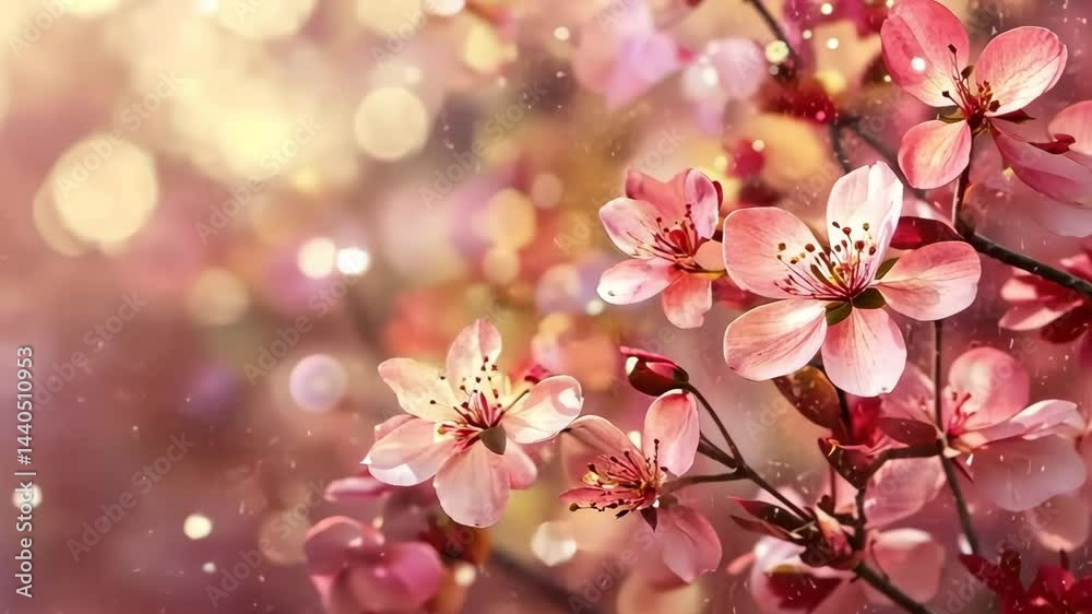 Pink cherry blossoms are blooming on a branch in spring, with a beautiful sparkling bokeh background