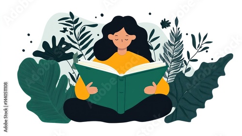 Illustration of a woman reading a book surrounded by plants