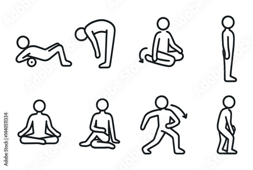 Exercise and fitness line icons – outline style workout, yoga, and stretching symbols for a healthy lifestyle: yoga mat, dumbbell, runner, meditation, stretching, push-up.