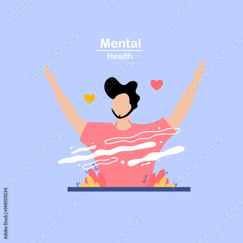 Happy man with Hands Raised and Colorful Elements for Mental Health Illustration