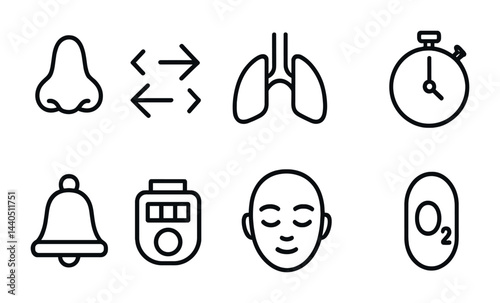Breathing and respiratory outline icons set – linear style health, wellness, and oxygen symbols for medical use: nose, arrows, lungs, timer, bell, inhaler, face, oxygen