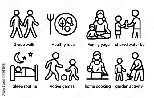 Family wellness outline icons set – line style health and fitness symbols: group walk, healthy meal, family yoga, shared water, sleep routine, active games, home cooking