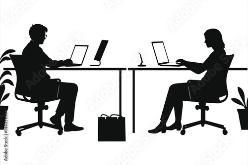 Vector Silhouette of Two Business Professionals Working at Separate Desks...