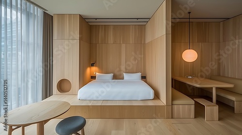 Serene wood-paneled hotel room showcasing minimalist modern design elements and ambiance