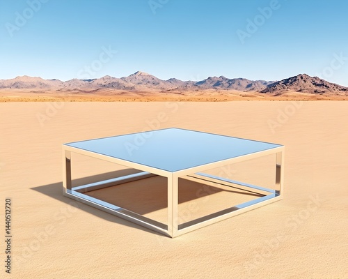 Sleek square coffee table with mirrored top and light metal frame, sits on desert sand against a mountain backdrop