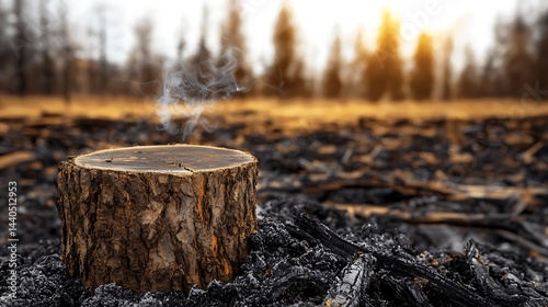 Smokey stump on charred ground. Gloomy landscape with trees in background under a sunlight on a horizon photo