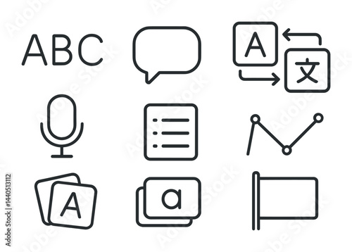 Language learning outline icon set – flat style education, communication, translation symbols: alphabet, speech bubble, microphone, list, graph, flag, flashcards
