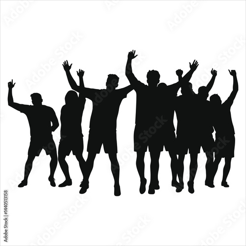 Vector Silhouette of cheering sports fans celebrating a victory/A dynamic silhouette of a group of sports fans, arms raised in jubilation.