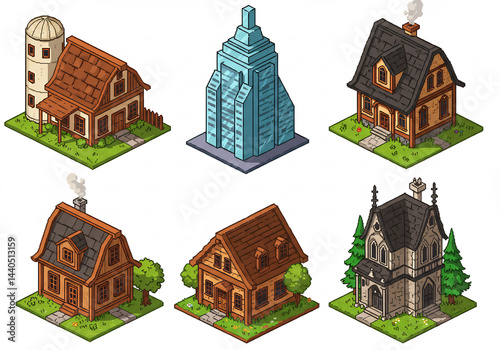 Isometric Pixel Art Collection of Diverse Building Styles