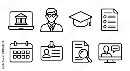 Education and workplace line icons set – outline style academic, career, and digital tools symbols for professional success: university, teacher, degree, document, calendar, id, research, webinar.