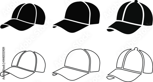 Baseball Cap Icons Set. in silhouette vector.