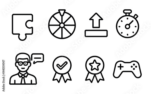 Game and entertainment icons set – outline style for fun and leisure activities: puzzle piece, spinner wheel, upload arrow, stopwatch, chat, check badge, star badge, game controller.