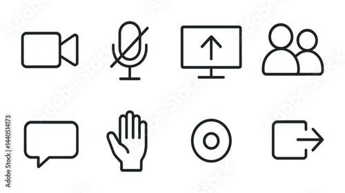 Communication tools outline icons set – linear style chat, conference, and social media symbols for digital interaction: camera, microphone, screen, audience, chat bubble, hand gesture, record,