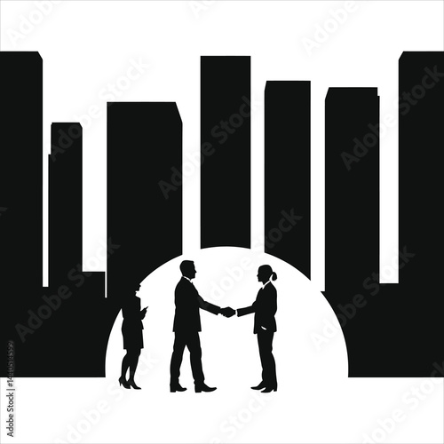 A striking black and white vector silhouette depicts two business professionals shaking hands amidst a backdrop of towering city buildings..