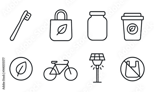 Eco-friendly lifestyle icons set – outline style sustainability, green living, renewable energy symbols: toothbrush, bag, jar, coffee cup, leaf, bicycle, solar light, no plastic