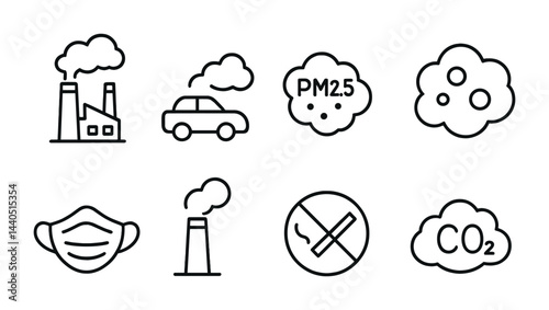 Air pollution outline icons set – flat style environmental, health, and ecology symbols for awareness: factory, car, pm2.5, smoke, mask, chimney, no smoking, co2.