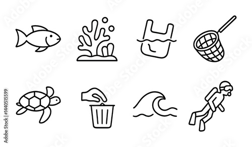 Marine conservation outline icon set – line style ocean preservation, eco-friendly, and wildlife protection symbols: fish, coral, plastic bag, net, turtle, trash, wave, diver.