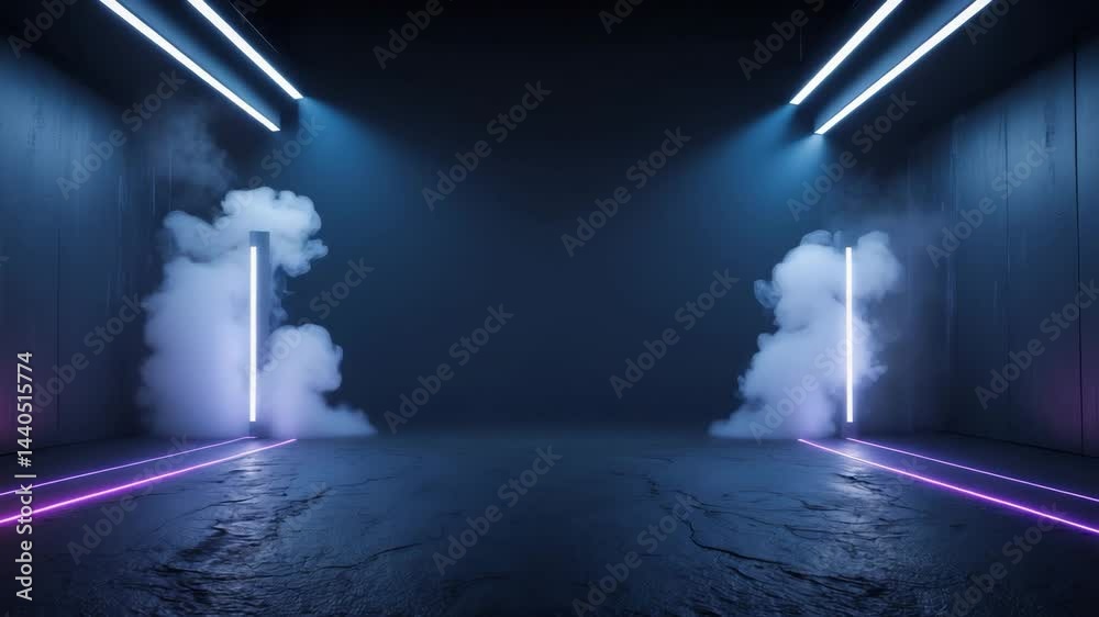 The dark arena features an empty stage illuminated by neon lights, spotlights, and rising smoke, showcasing interior textures for product displays