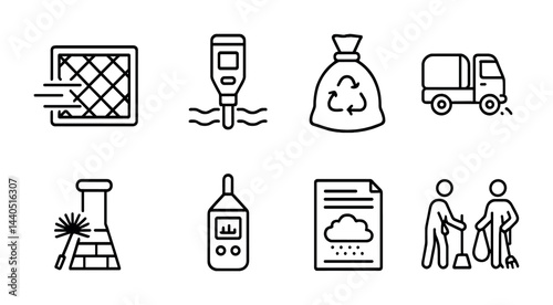 Environmental monitoring outline icons set – line style ecology, pollution control, and waste management symbols: air filter, pollution meter, recycling bag, street sweeper, chimney, noise detector,