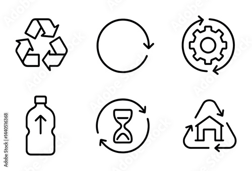 Sustainability and recycling icon set – outline style eco-friendly, waste management, and green solutions symbols: recycle, circular economy, gear, bottle, timer, house.
