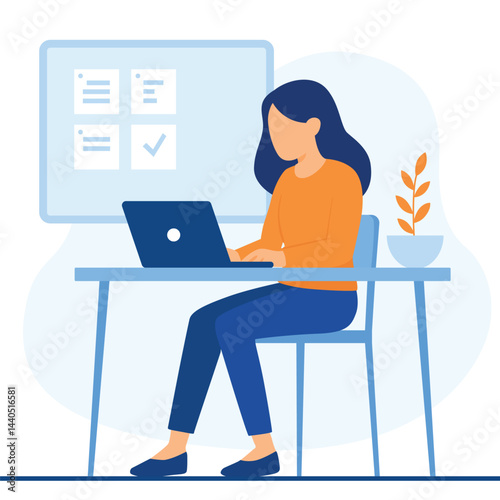 Woman Working on Laptop in Office, Task Management and Productivity Concept Illustration