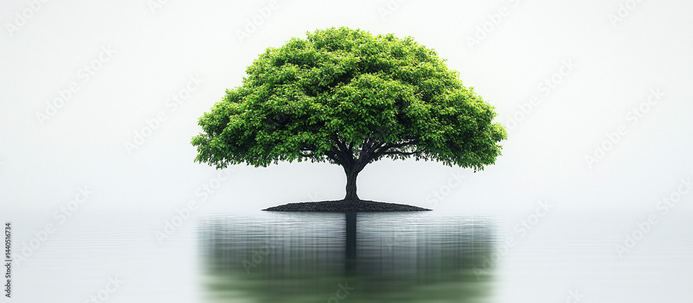 Obraz premium Solitary tree reflected in calm water.