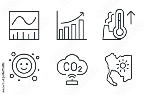 Climate change linear icon set – outline style symbols for environmental awareness: graph, growth chart, temperature rise, smiling sun, co2 levels, map, rising heat