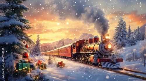 Snowy Christmas train journey through a winter wonderland.