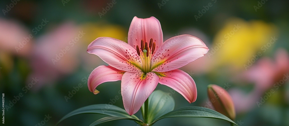 Fototapeta premium Close-up of a beautiful pink lily flower in a garden setting.