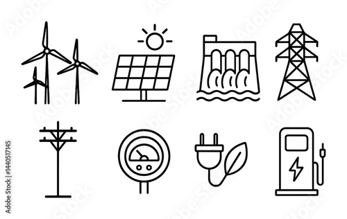 Renewable energy outline icon set – linear power, sustainability, and environment symbols for eco-friendly solutions: wind turbine, solar panel, hydroelectric, power line, plug