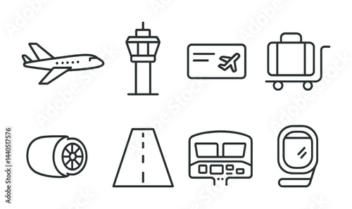 Aviation and travel linear icon set – outline style for holiday, business trips, and flight planning: airplane, control tower, boarding pass, luggage, engine, runway, cockpit, window