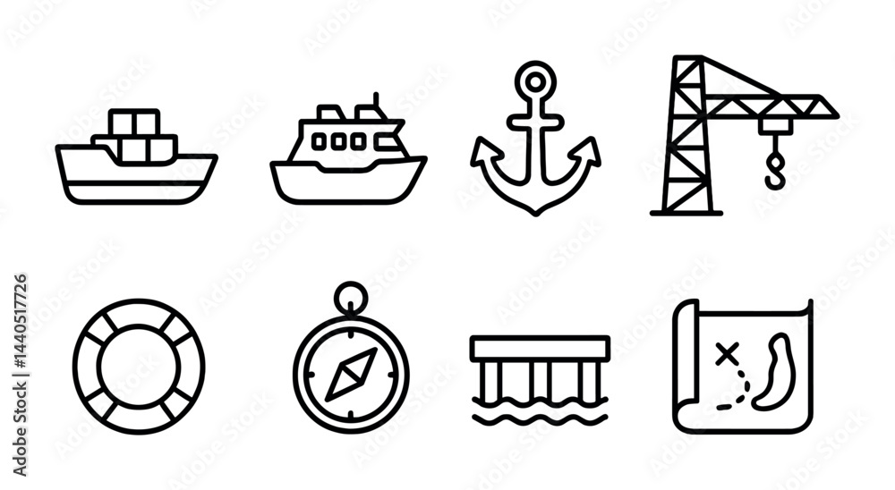 Naklejka premium Maritime and nautical linear icons set – outline style sea transport, marine navigation, and ocean travel symbols for sailors: ship, boat, anchor, crane, lifebuoy, compass, dock, treasure map.