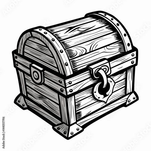 Vintage Wooden Treasure Chest with Lock Black and White  Illustration