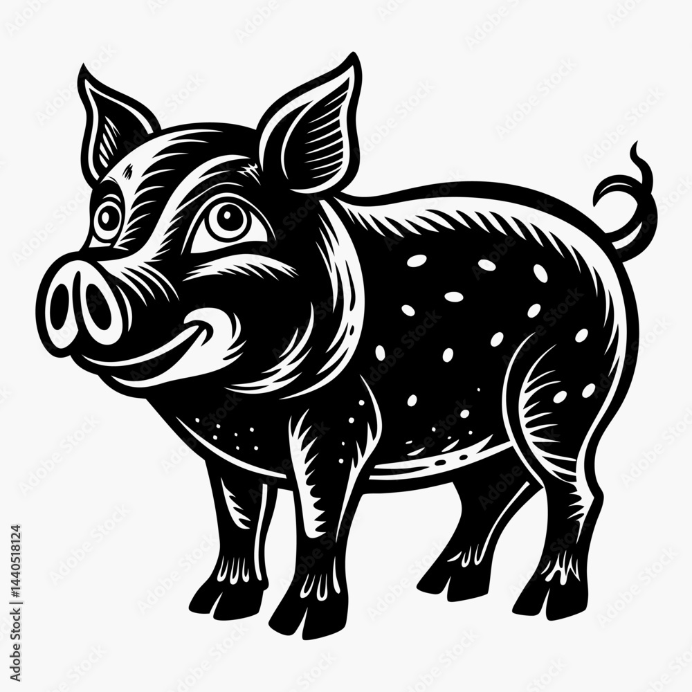 Fototapeta premium Vintage Black and White Pig Illustration Retro Stylized Farm Animal Art