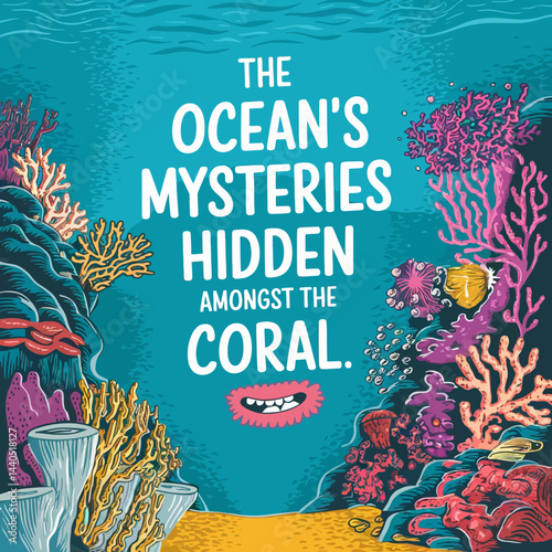 Ocean life illustration coral reef mysteries underwater world sea creatures artwork graphic design image 100 ,illustration design for t-shirt